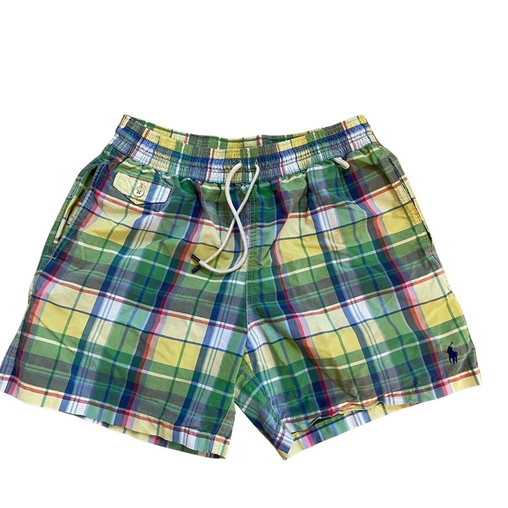 Polo Ralph Lauren Men’s Medium Swim Trunks Plaid Green Yellow Mesh Lining Pony